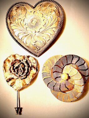 Vintage Metal Brooch Trio–Heart Dish, Rose Pin & Mixed‑Metal Circle with a pearl